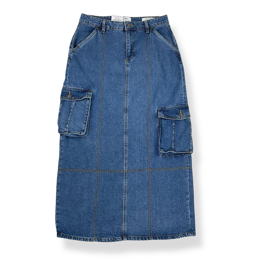 Cotton On Skirt Women Size 6 (30x37) Blue Denim Cargo Flap Pockets Maxi NWT